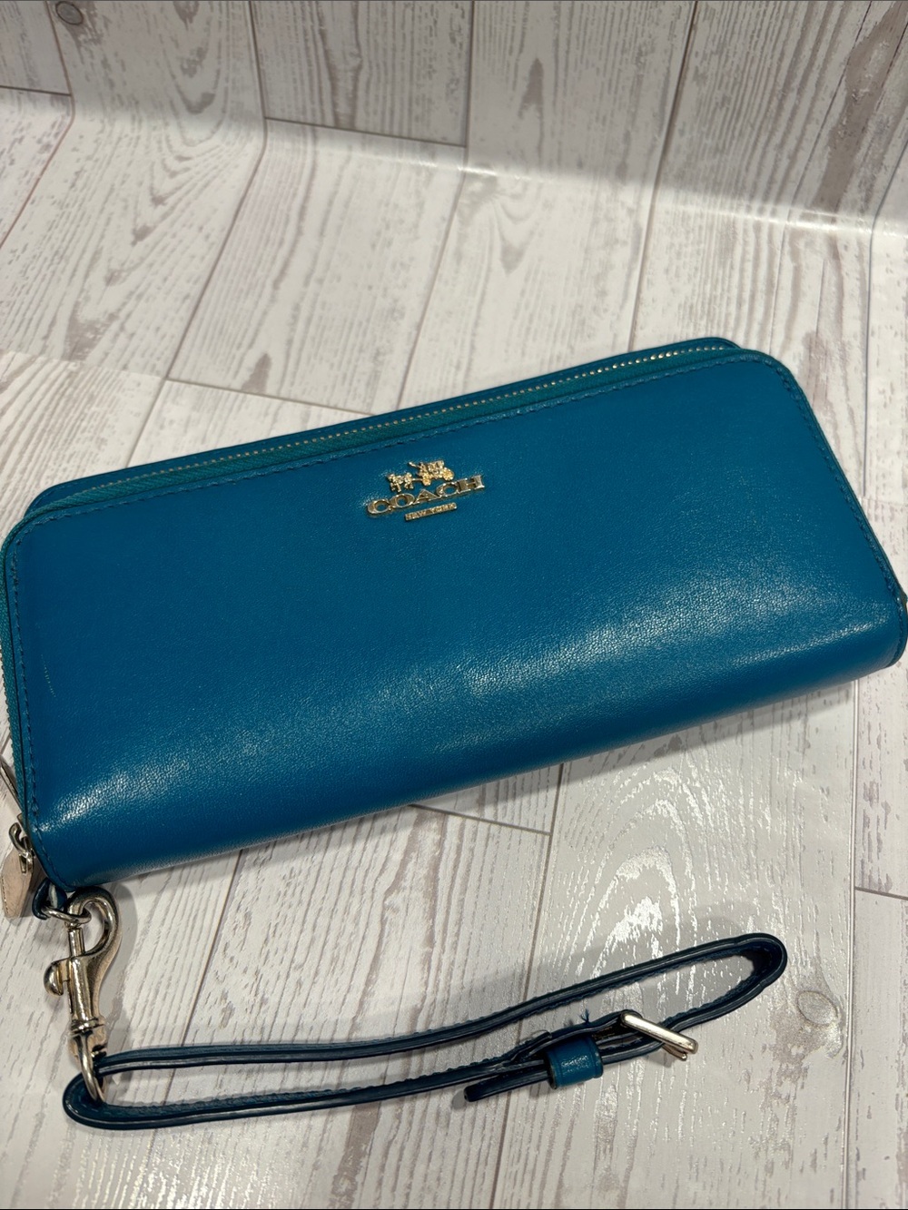 Coach Teal Blue Zip-Around Leather Wristlet Wallet